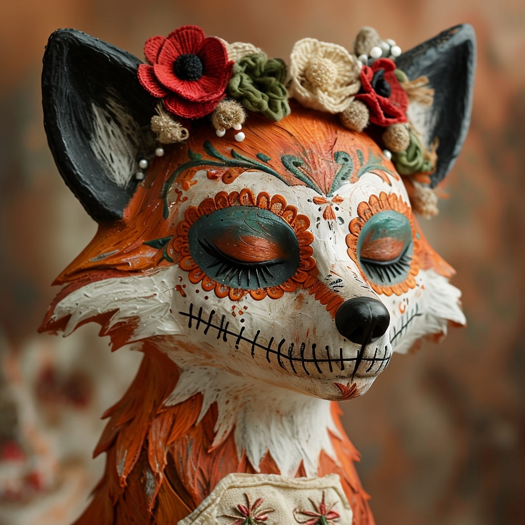 Ornate Day of the Dead Fox Sculpture Art for Celebration