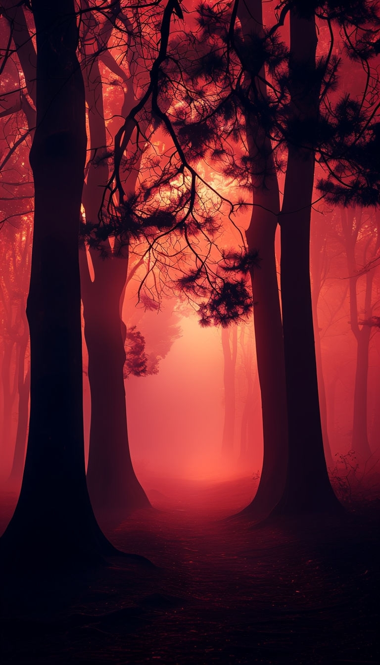Mysterious Crimson Forest at Dawn Dramatic Landscape Mobile Wallpaper
