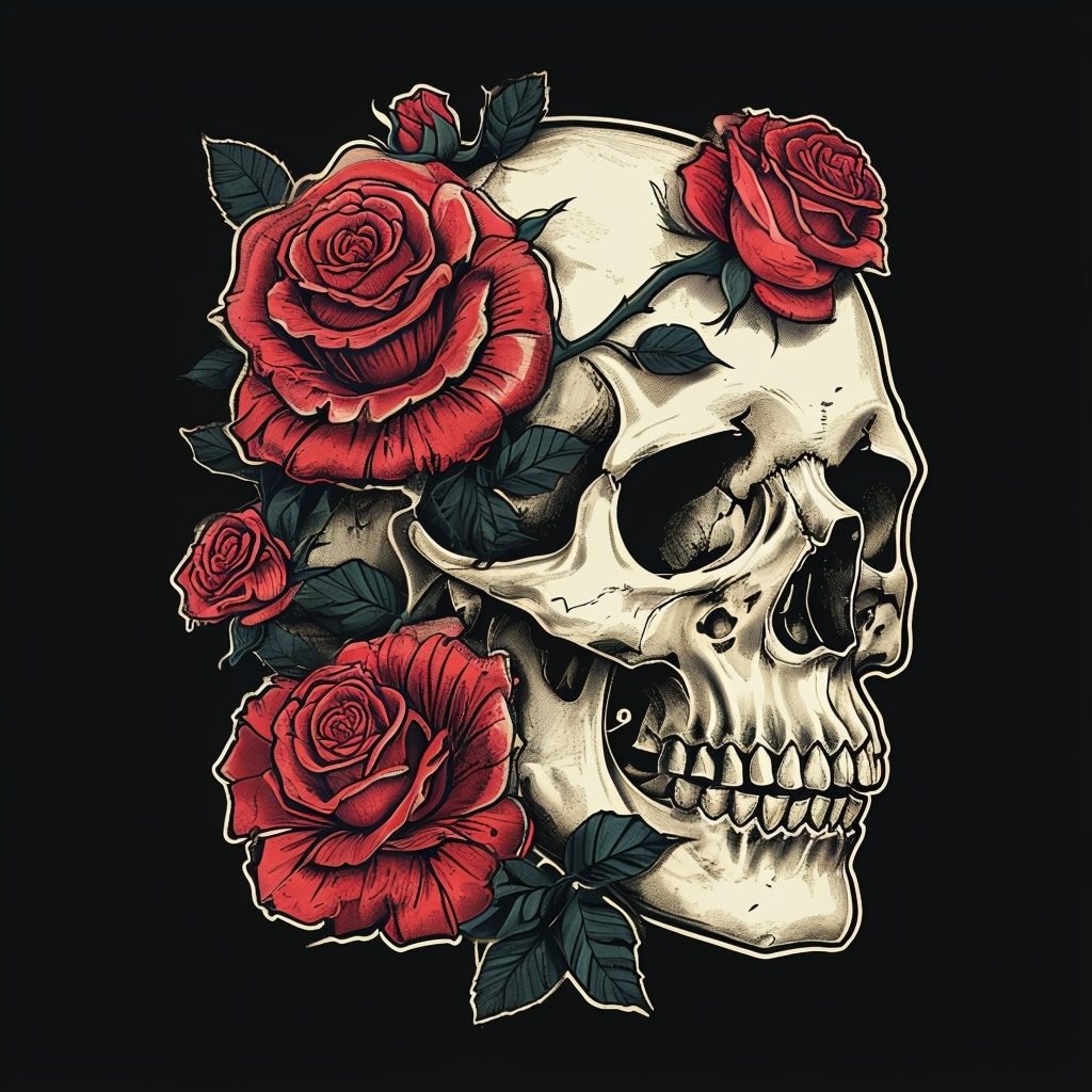 Skull and Roses Vintage Tattoo Art T-Shirt