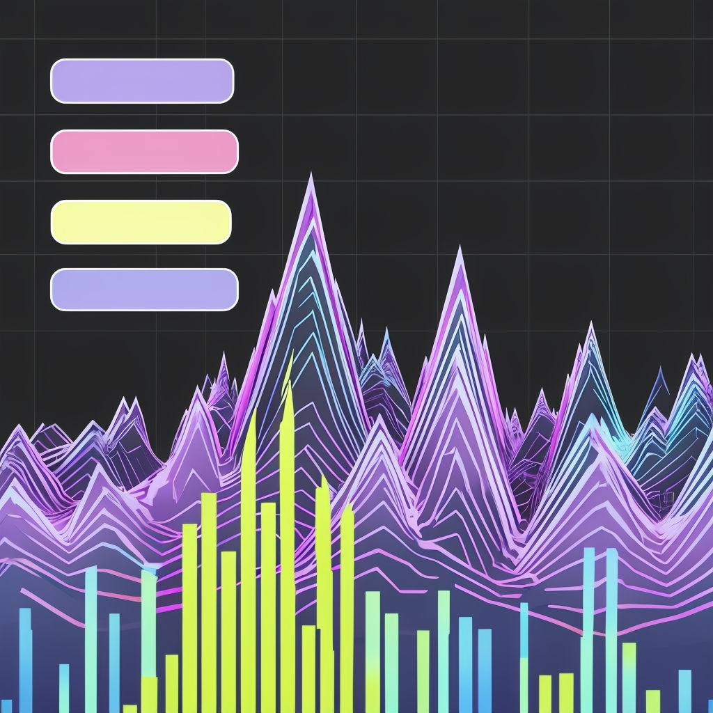 Futuristic Abstract Line Graph with Colorful Peaks and Cityscape Bars Poster