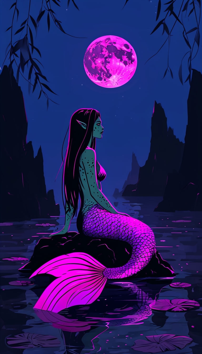 Mystical Mermaid Under Magenta Moonlight in Enigmatic Landscape Mobile Wallpaper