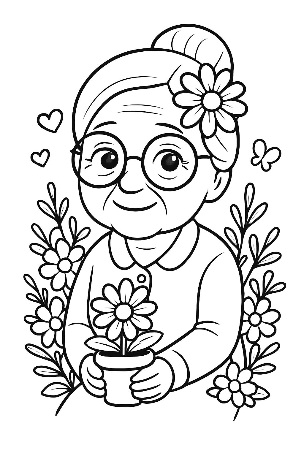 Warm Cheerful Elderly Woman with Flowers and Butterfly Coloring Book Pages
