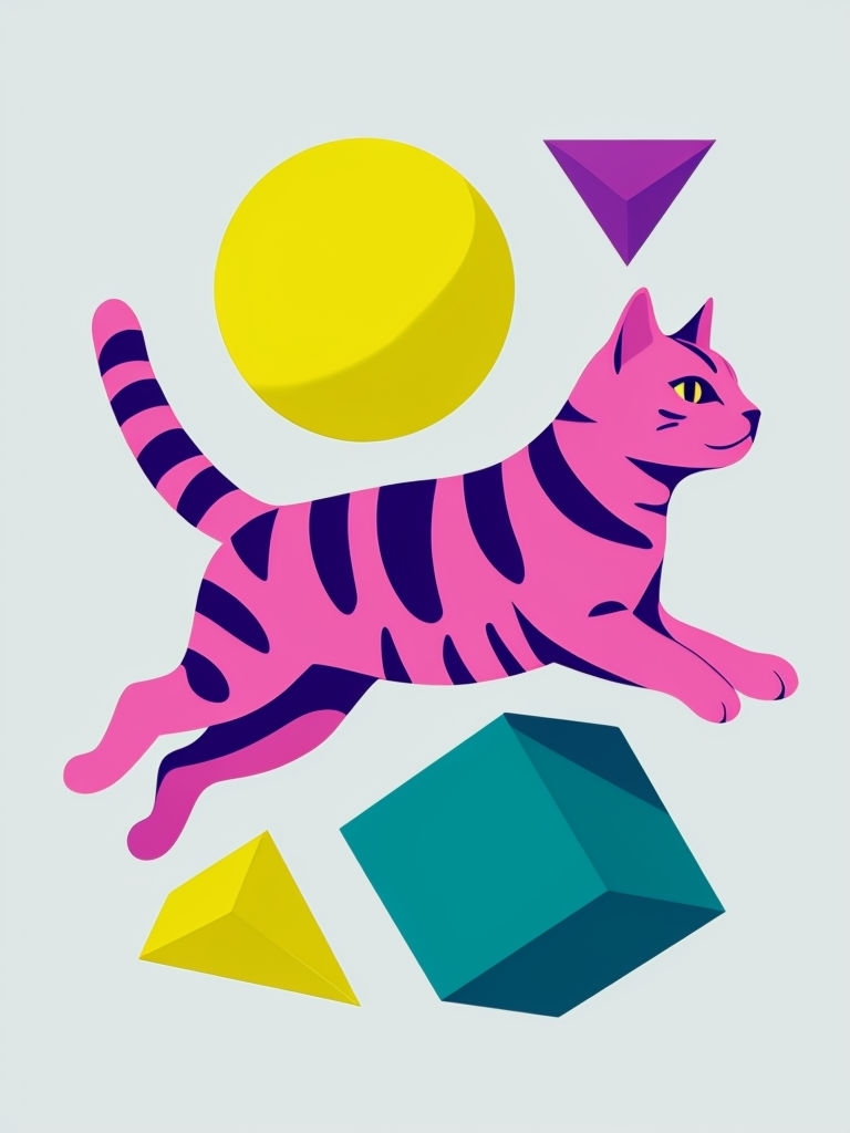 Vibrant Pink Cat Illustration with Geometric Shapes Art