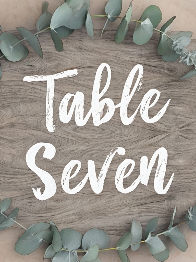 Hand-Lettered Table Seven with Eucalyptus Sprigs Sign