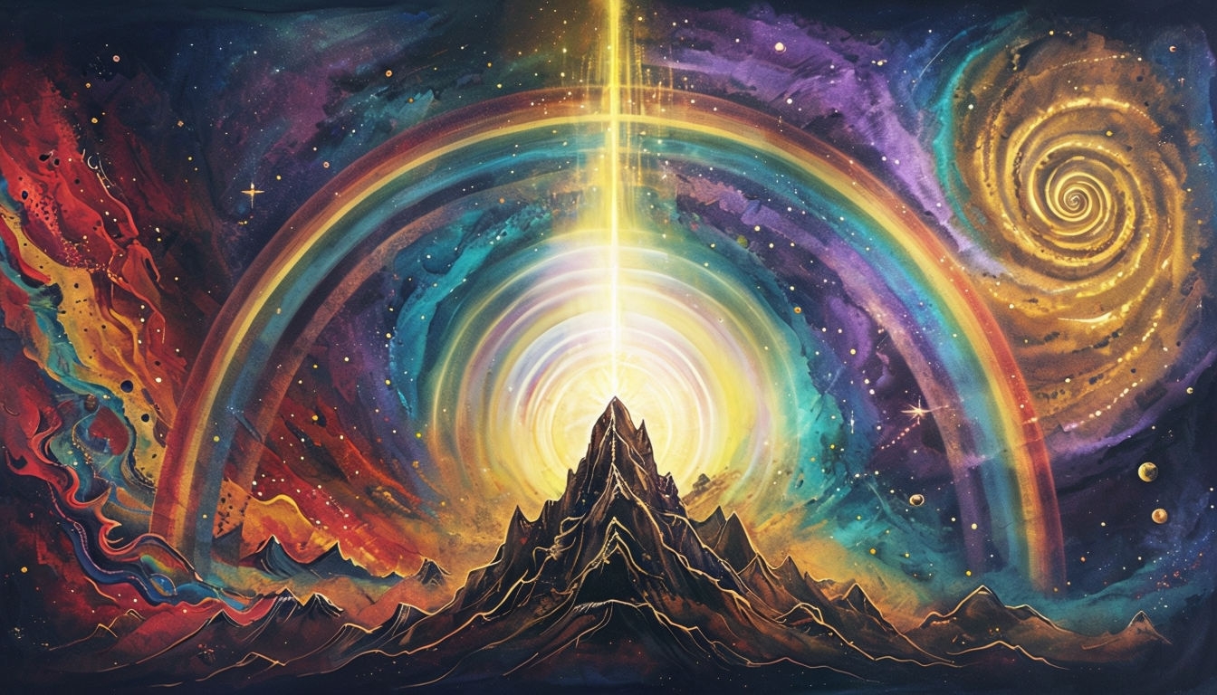 Ethereal Cosmic Mountain with Radiant Light and Rainbow Backgrounds