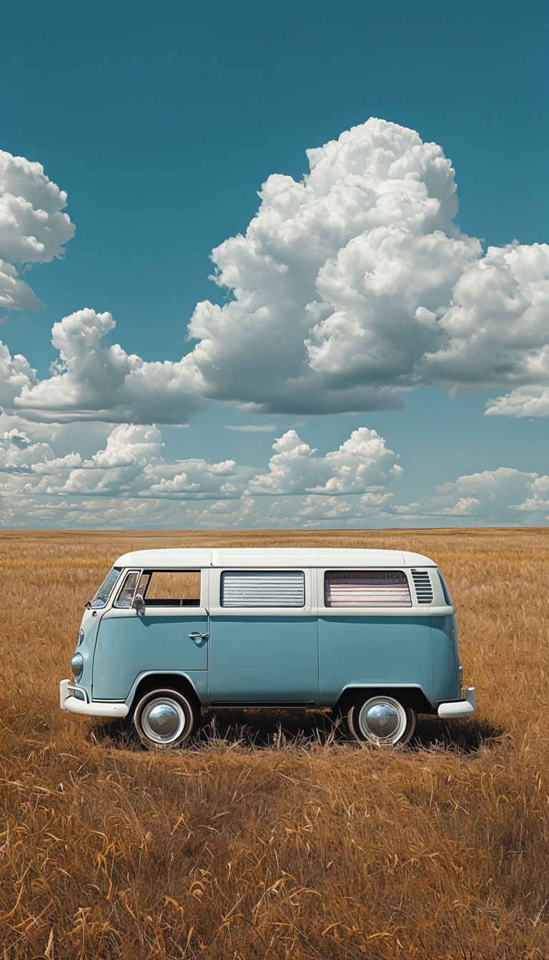 Vintage Volkswagen Van in Golden Grass Field Mobile Wallpaper