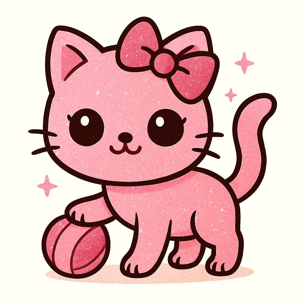 Cute Pink Cartoon Cat with Bow and Ball Sticker