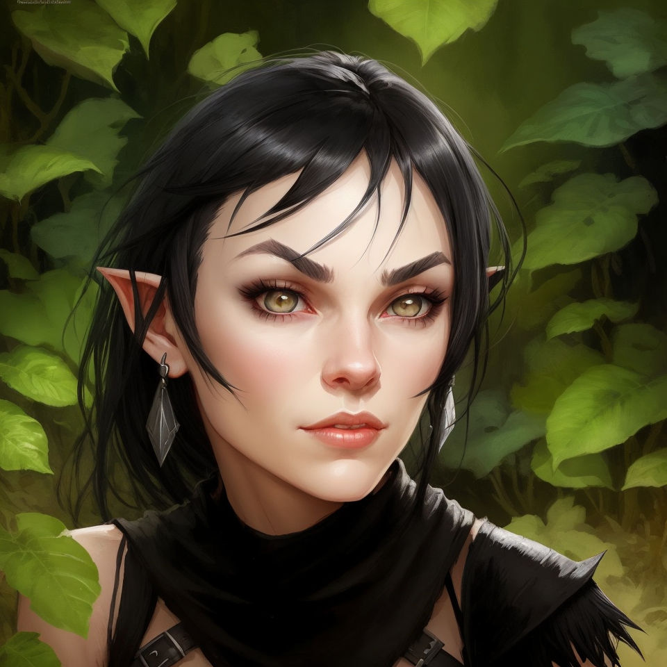 a striking elf girl with jet-black locks and piercing green eyes glides  effortlessly through the rippling waves. Her skin seems to glow with an  inner radiance