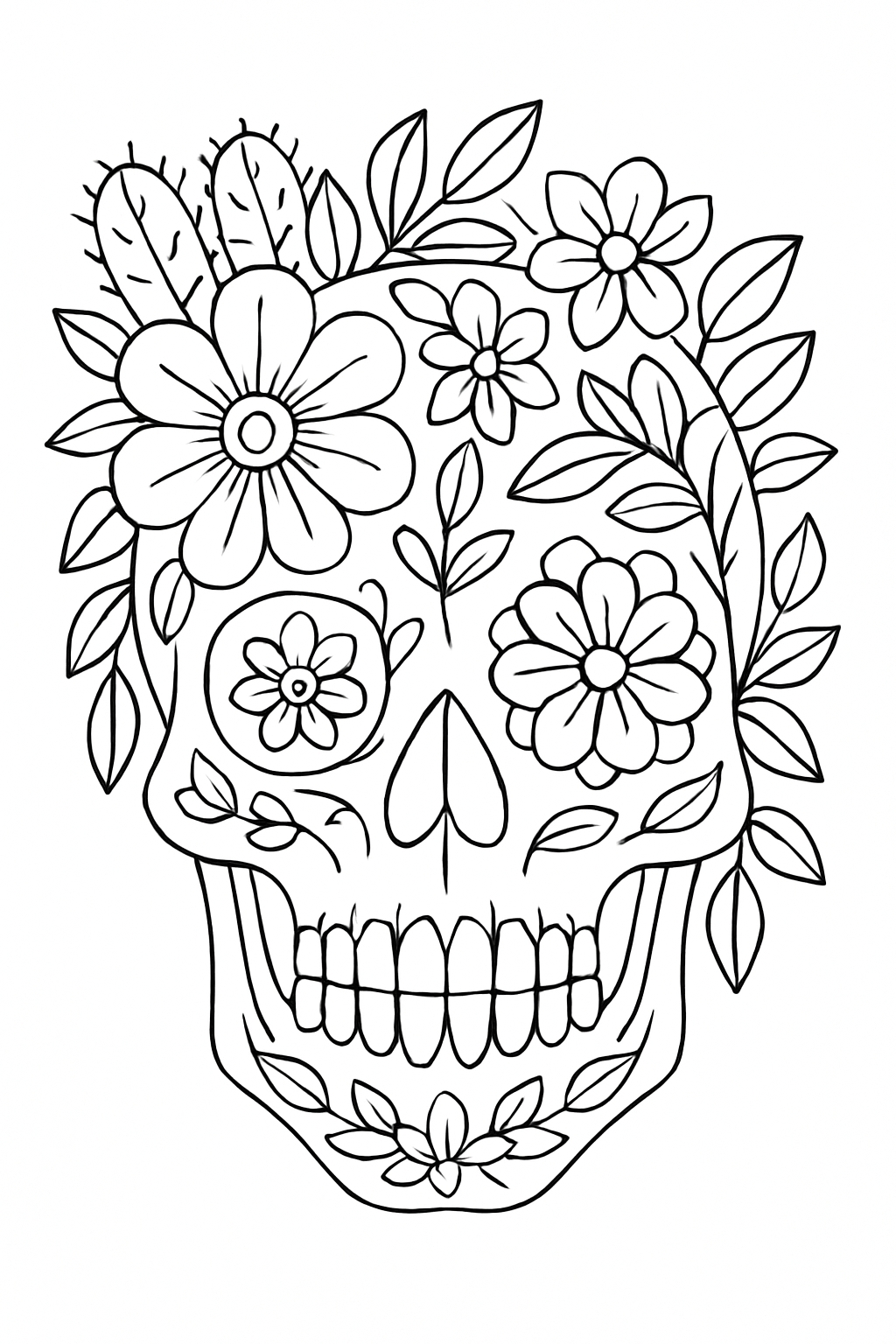 Intricate Black-and-White Sugar Skull Line Drawing Coloring Page