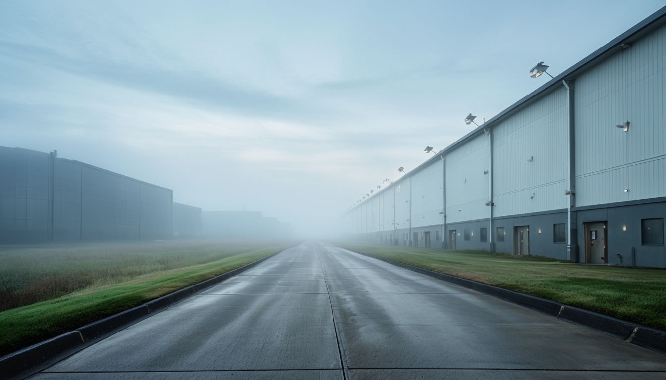 Misty Industrial Area with Serene Concrete Driveway Background