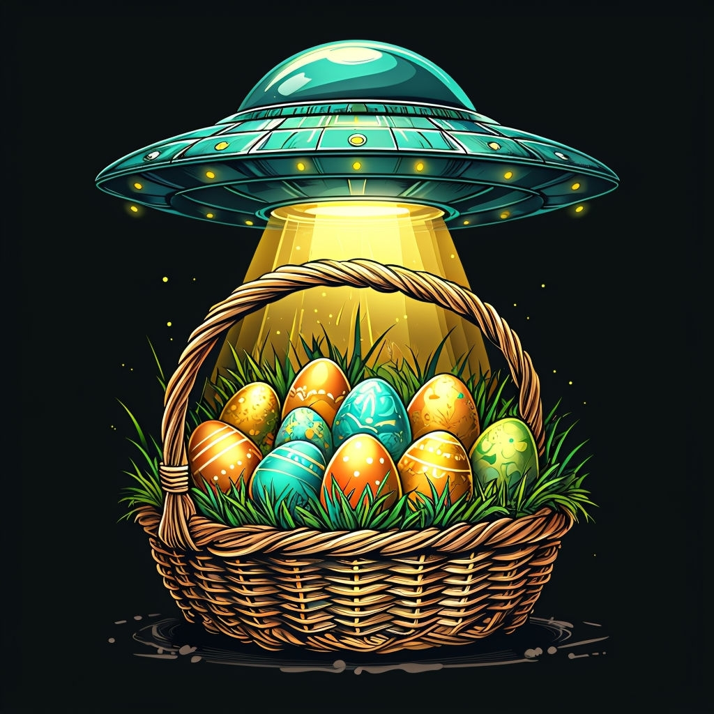 Whimsical Easter Basket and UFO Cartoon T-Shirt