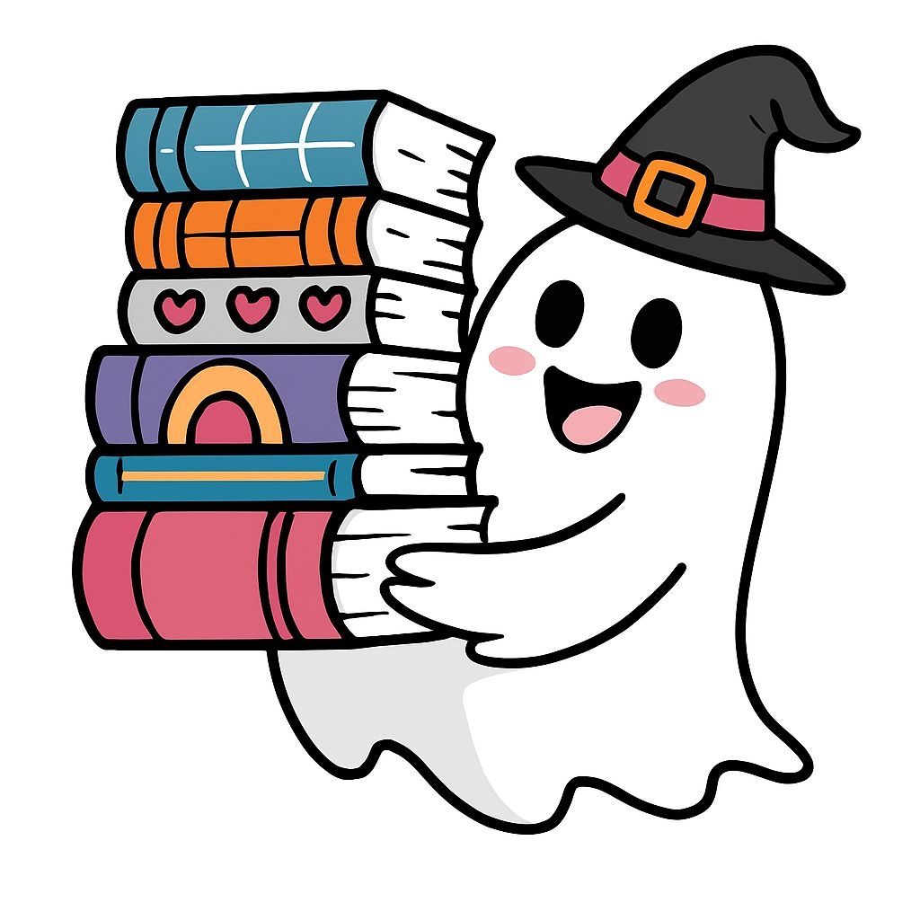 Cute Cartoon Ghost with Witch Hat and Colorful Books Sticker