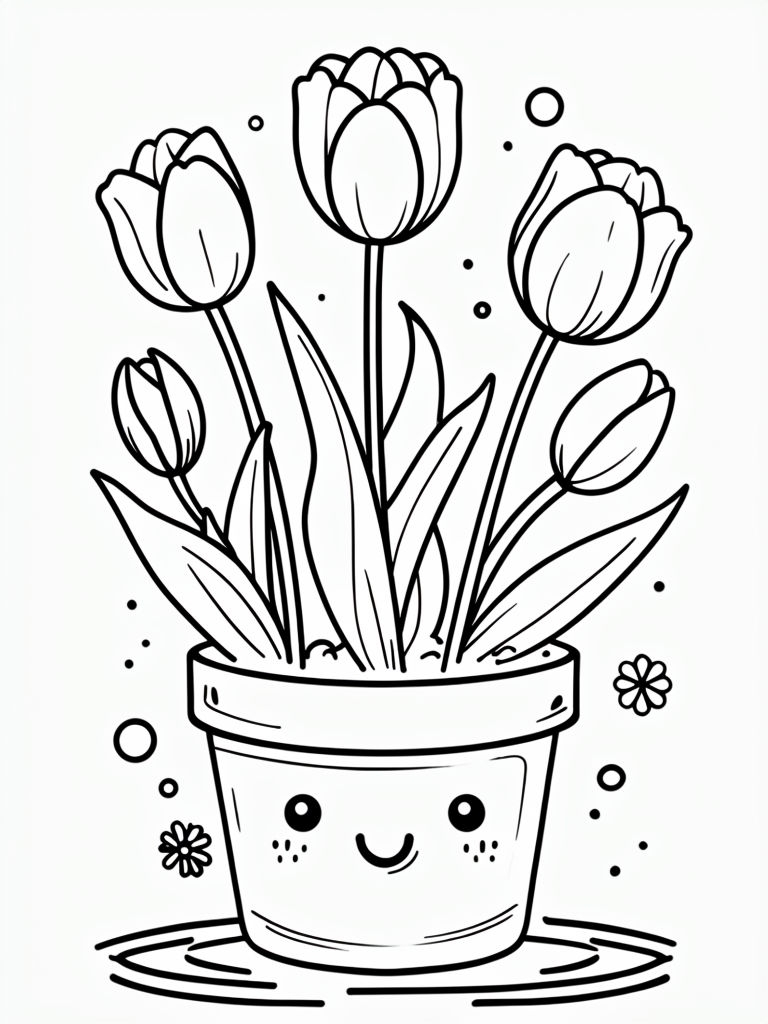 Cute Cartoon Potted Plant with Tulips Coloring Page