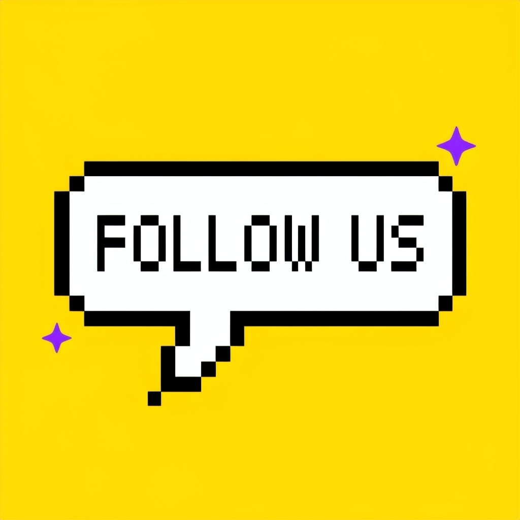 Pixel Art FOLLOW US Speech Bubble Design on Yellow Background Social Media Post