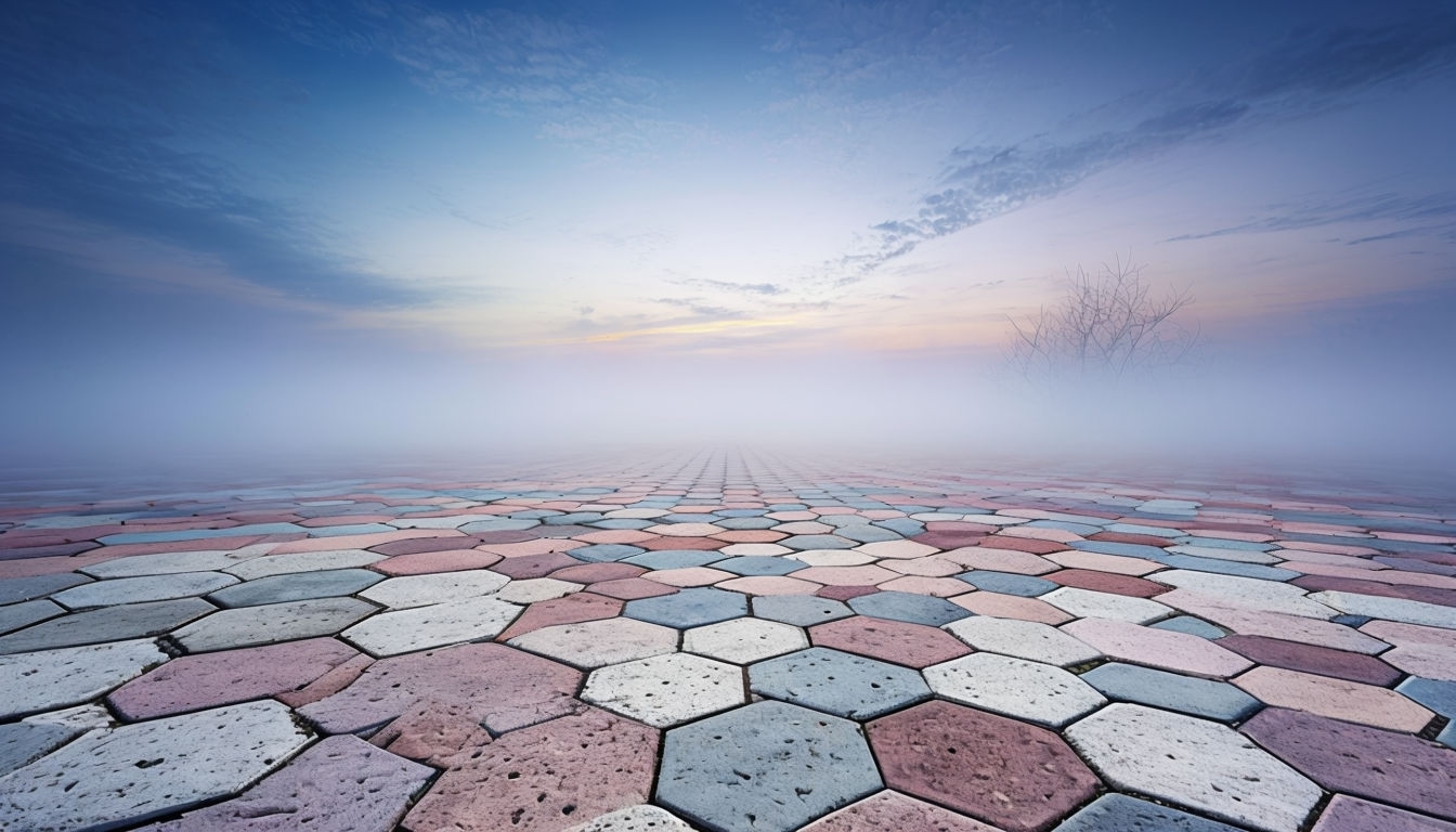 Serene Hexagonal Tile Pavement with Misty Landscape Background