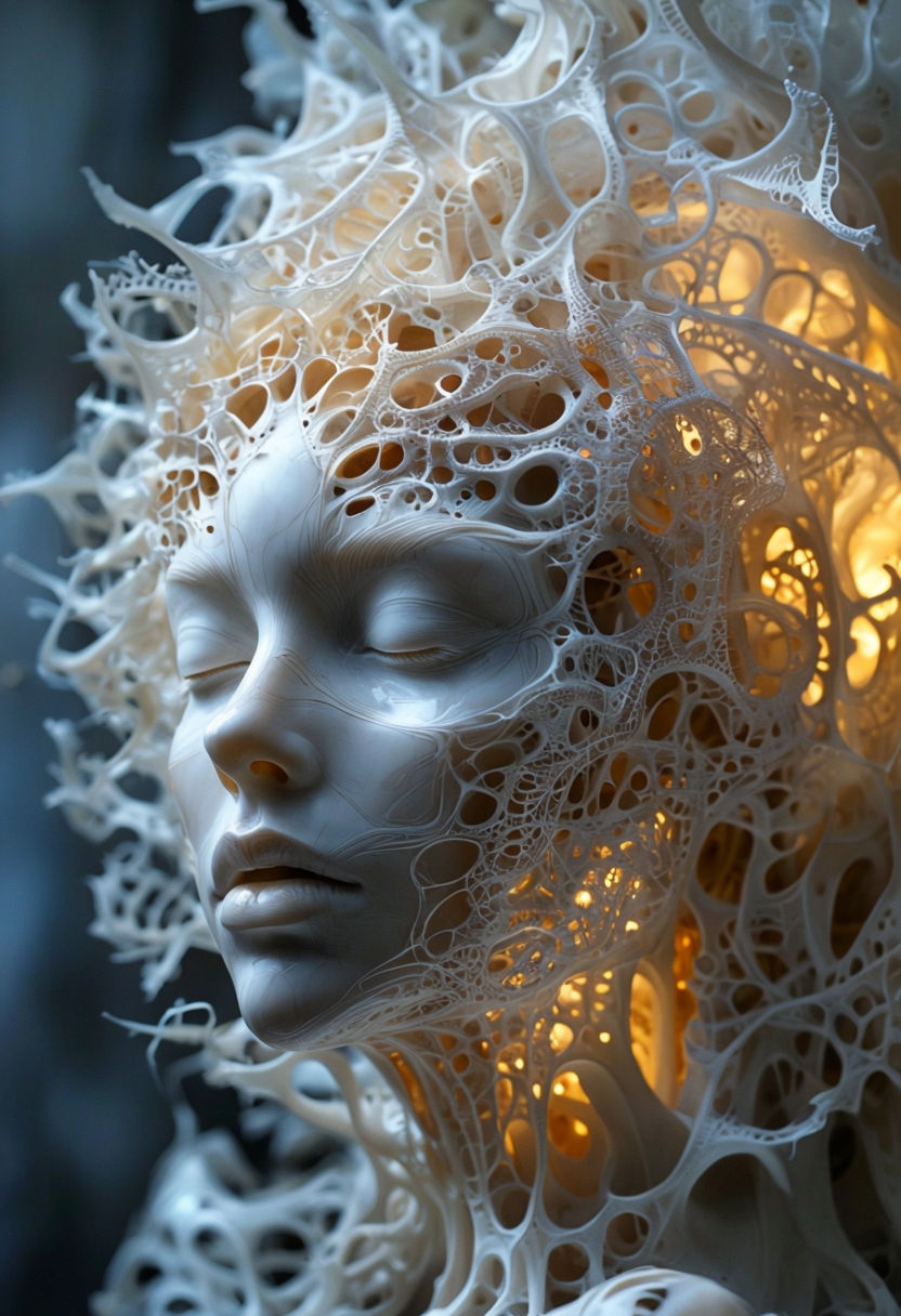 Intricate Ivory Abstract Human Head Sculpture with Ethereal Lighting Art