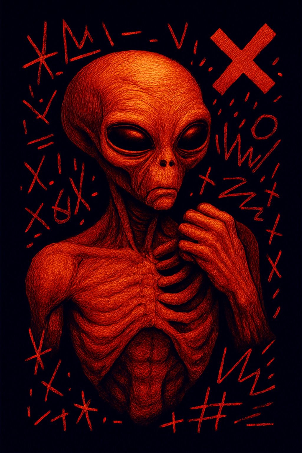 Eerie Red Alien Portrait with Symbols in Digital Art Style
