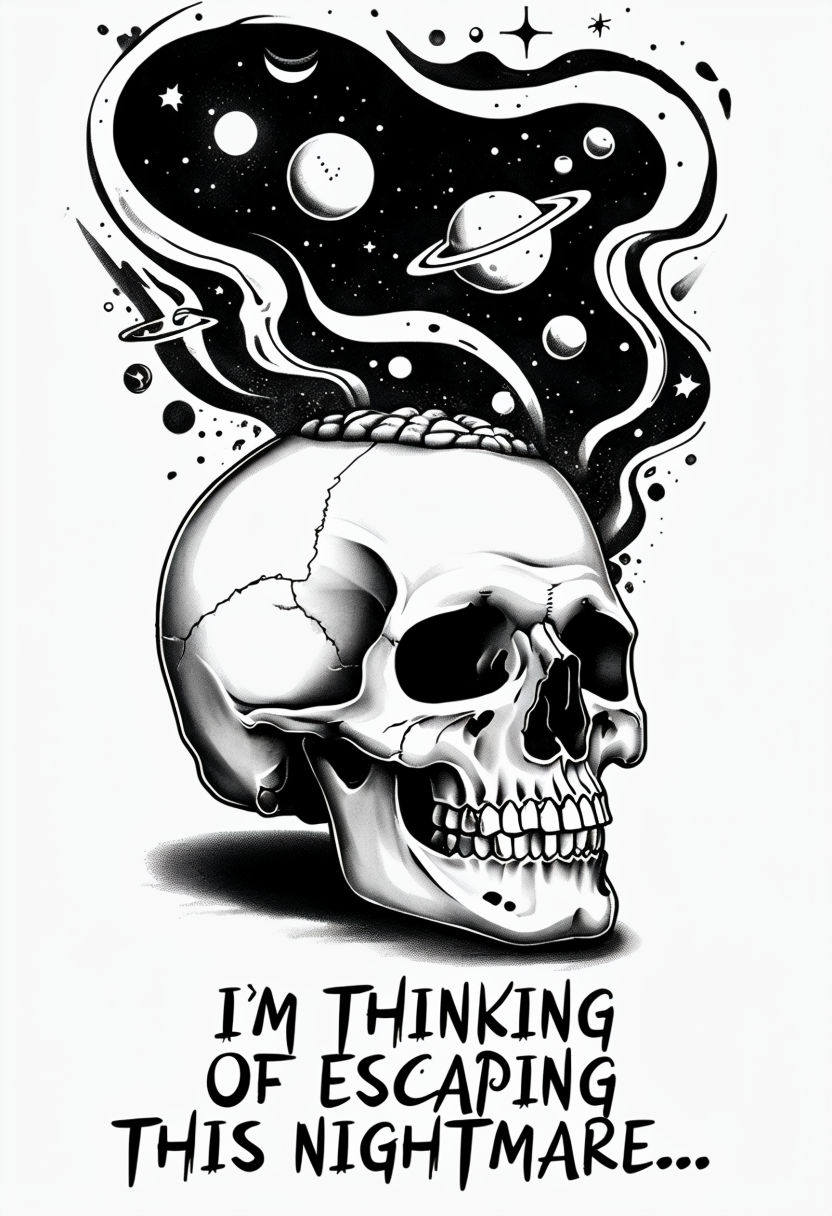 Surreal Black and White Skull with Cosmic Space Art Poster