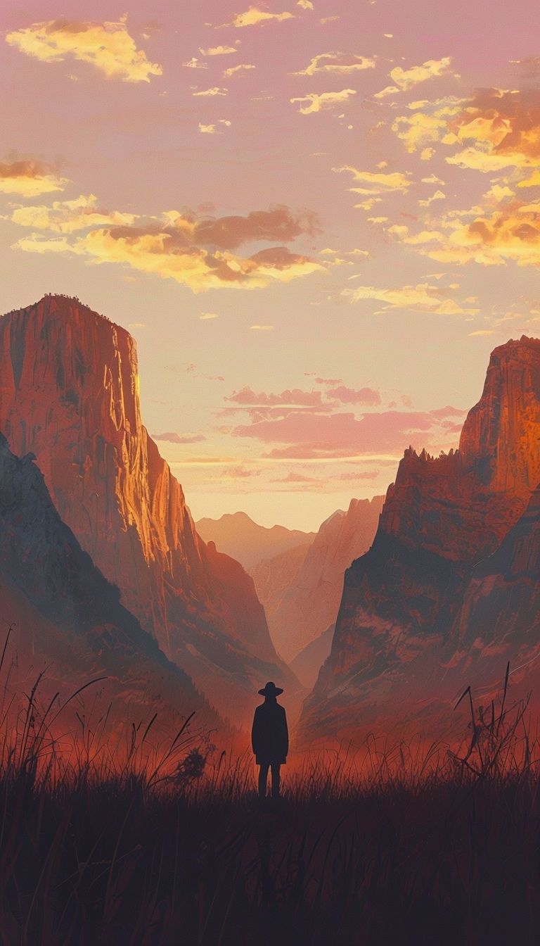 Serene Sunset Landscape with Silhouette Figure Mobile Wallpaper