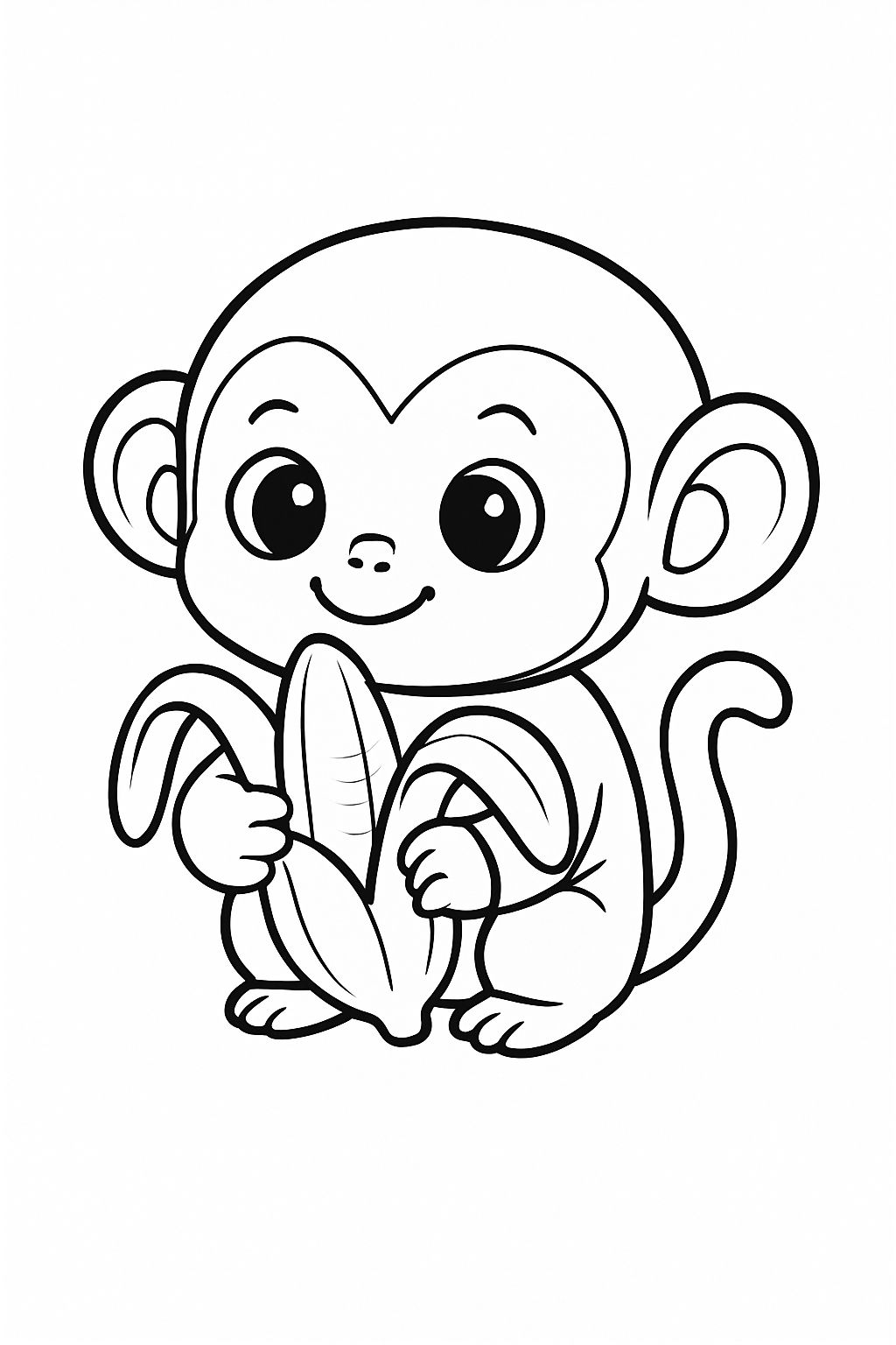 Charming Cartoon Monkey Holding Banana Black and White Line Drawing Coloring Book Pages