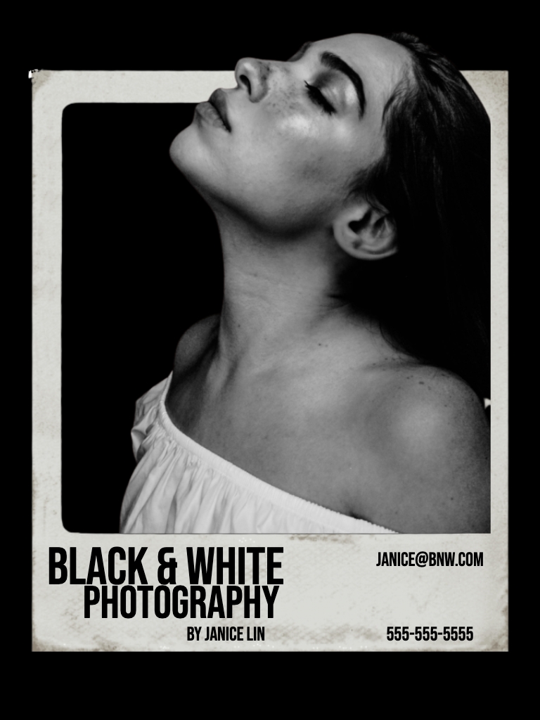 Elegant Black and White Promotional Photograph of Serene Woman Flyer