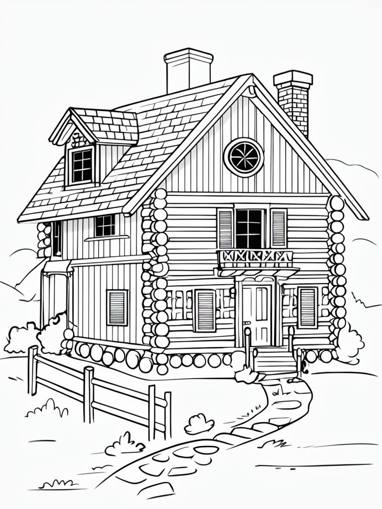 Charming Black and White Log Cabin Line Drawing for Coloring Book Pages