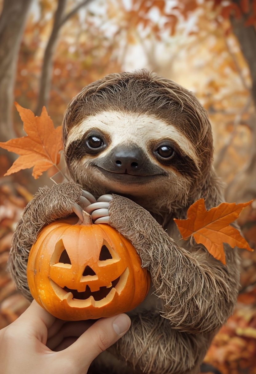 Adorable Sloth with Pumpkin Jack-o'-Lantern Art for Halloween