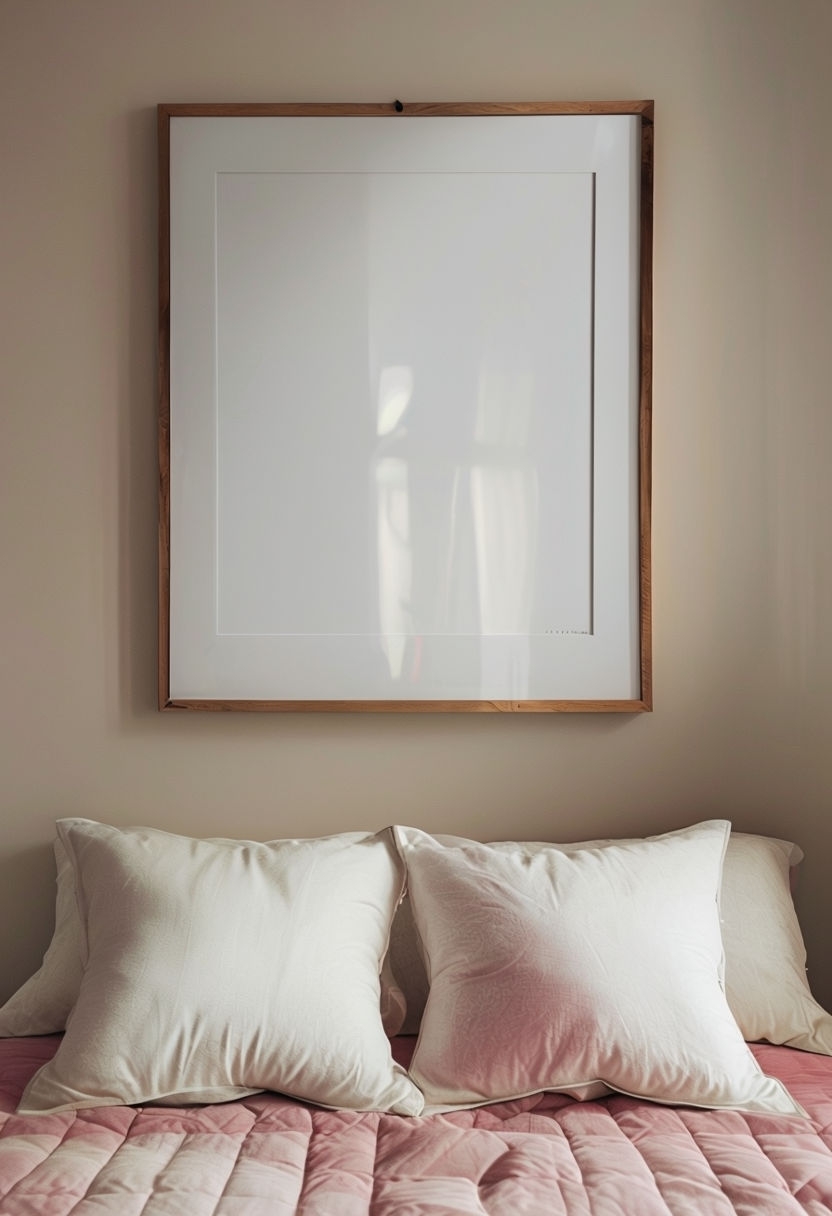 Minimalist Cozy Bedroom Scene with Framed Art Poster