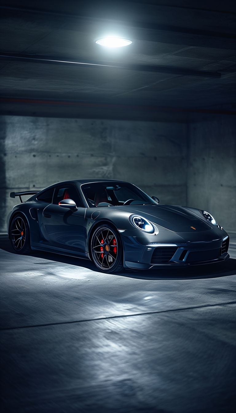 Sleek Black Porsche 911 in Dramatic Lighting Mobile Wallpaper