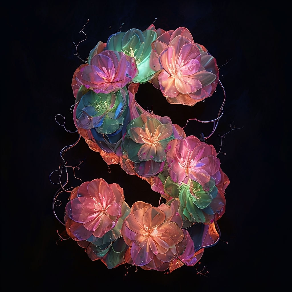 Neon Floral Letter S Digital Art Illustration Monogram