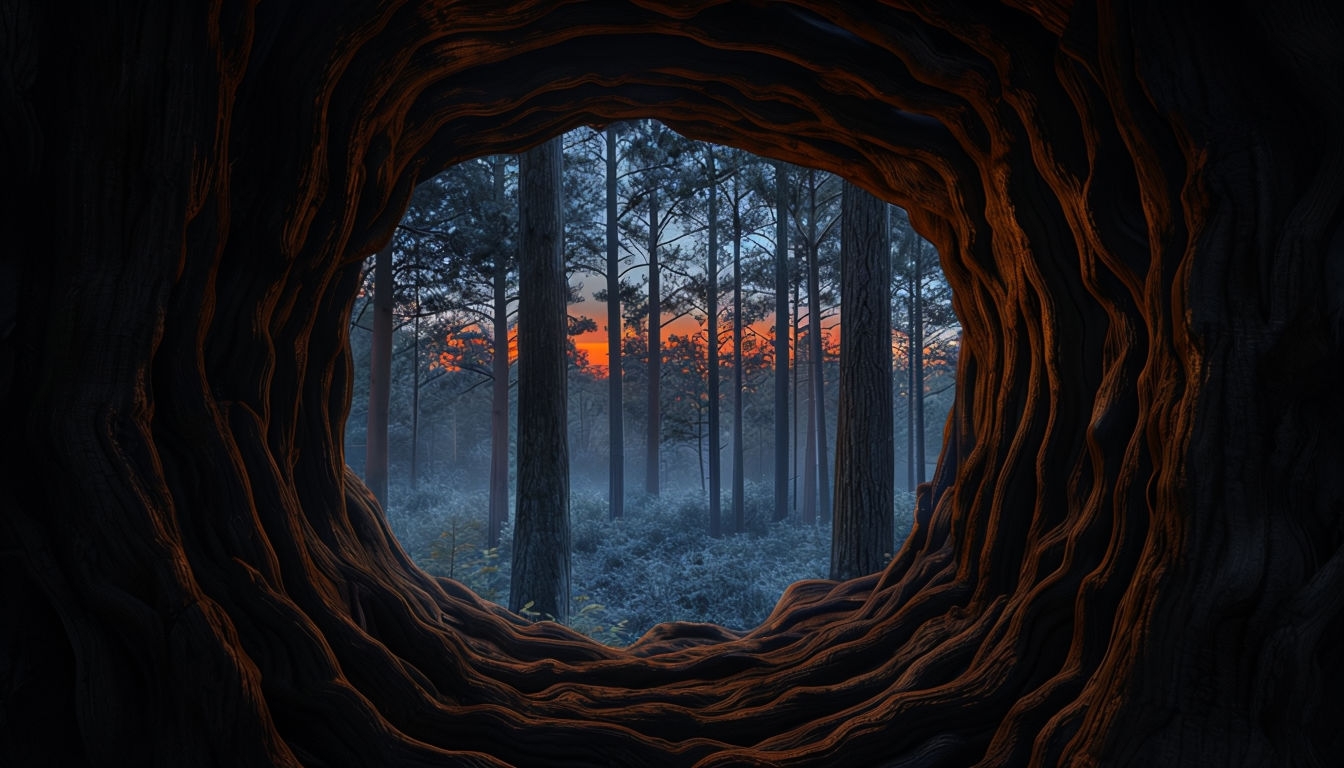 Twilight Forest View from Inside a Giant Tree Hollow Background