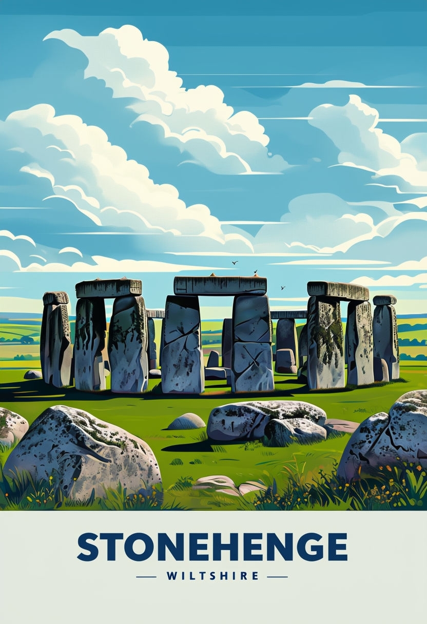 Vibrant Stonehenge Illustration in Wiltshire Landscape Poster