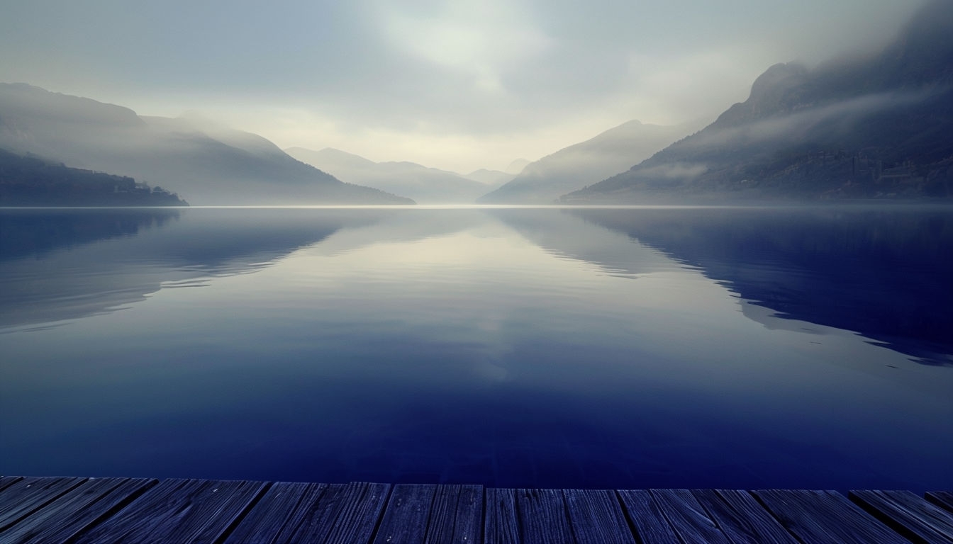 Ethereal Misty Mountains Over Calm Indigo Lake Virtual Background