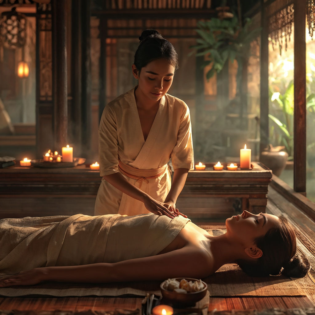 A photorealistic concept art of a spa setting in early 20th century Thailand capturing a 20-year-old female masseur in traditional Thai attire providing a massage to a Caucasian girl lying stomach down, both bathed in soft volumetric cinematic lighting, front face view revealing perfect eyes, luxurious spa salon enriching the background, chiaroscuro augmenting the fantastic facial expressions and the detailed Th