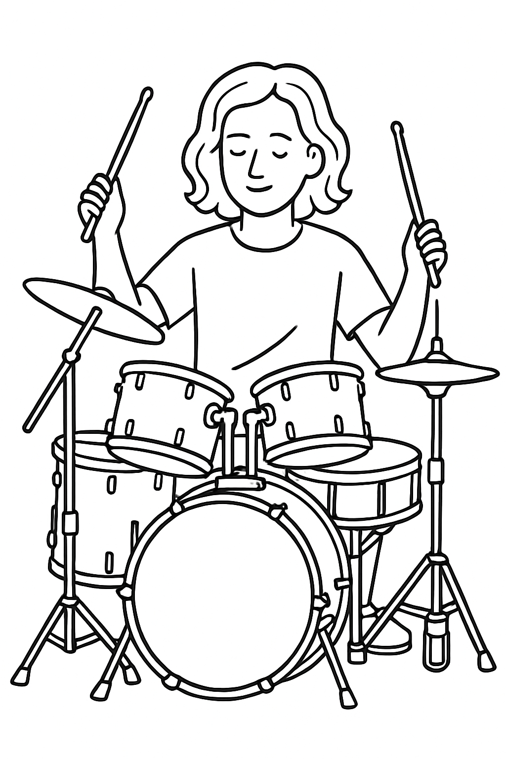 Calm Drummer Playing Full Drum Set Black and White Illustration Coloring Book Pages