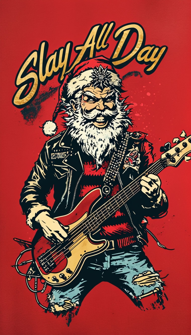 Punk Rock Santa Claus with Bass Guitar Vintage Art Poster