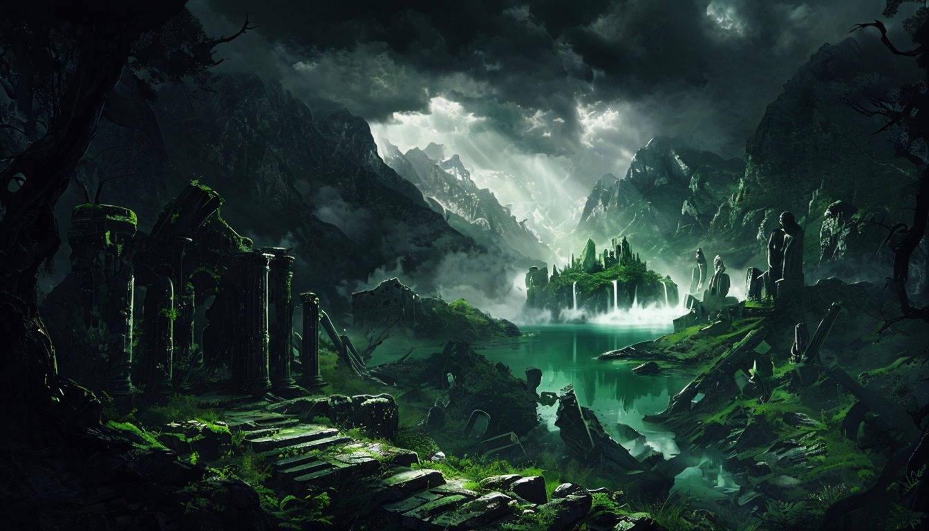 Mysterious Dark Ruin-Themed Landscape Digital Wallpaper Background