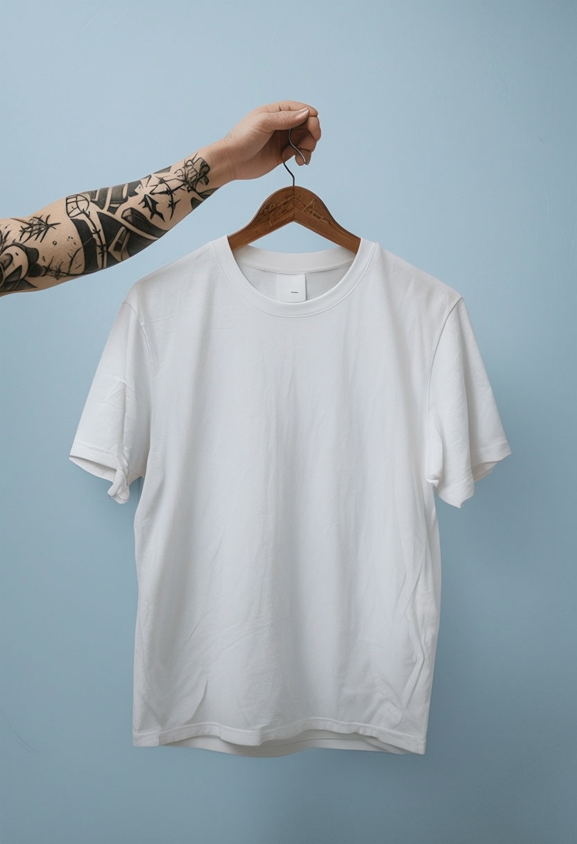 Minimalist White T-Shirt on Hanger with Tattooed Hand Mockup