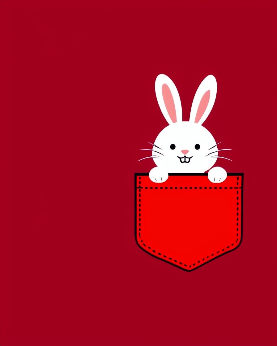 Playful White Bunny Peeking from Red Pocket T-Shirt
