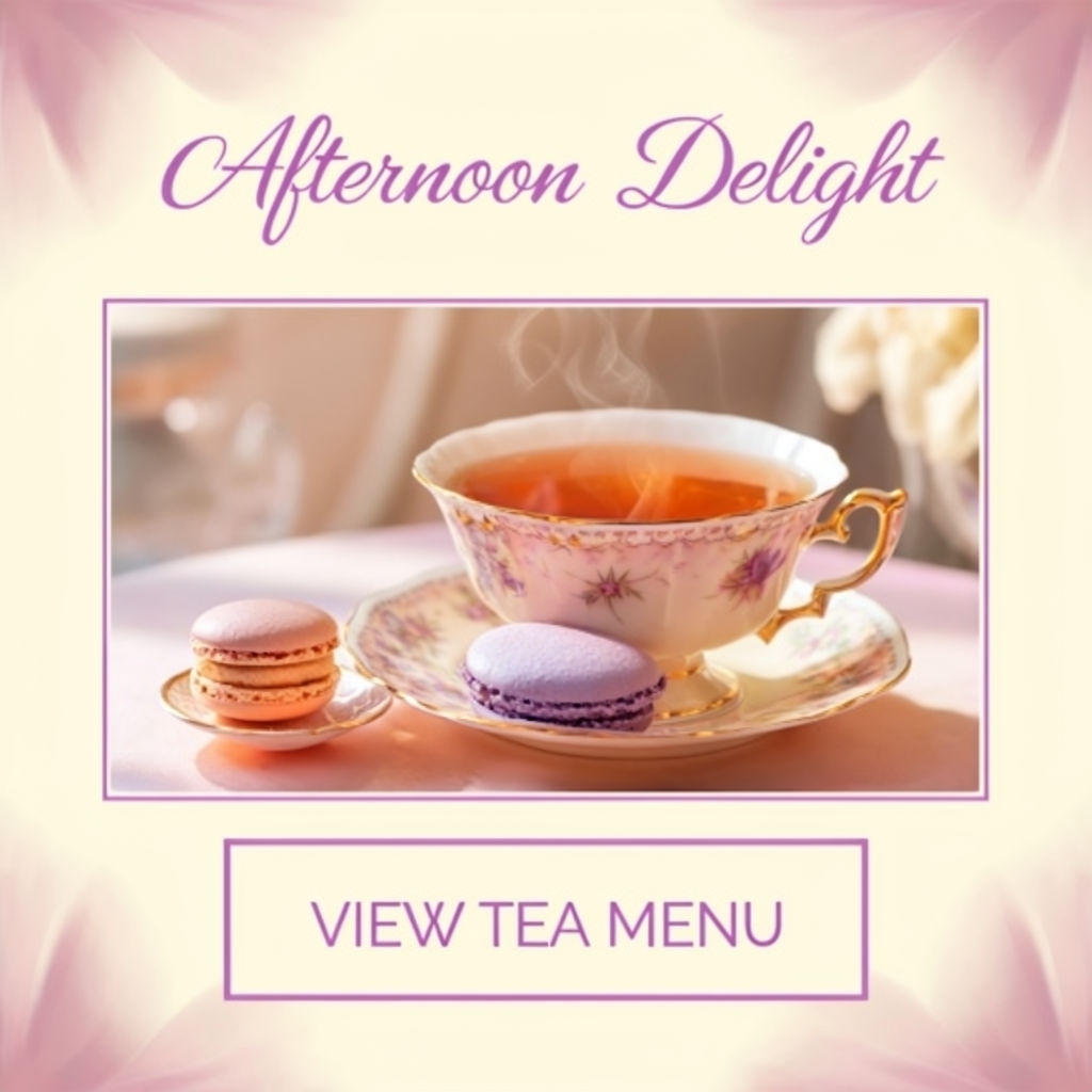 Delicate Afternoon Tea Teacup and Macaron Social Media Post
