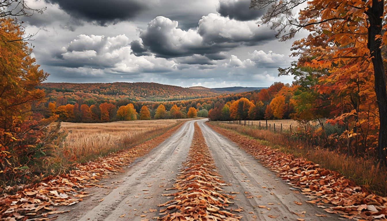 Tranquil Autumn Landscape with Winding Dirt Road Background