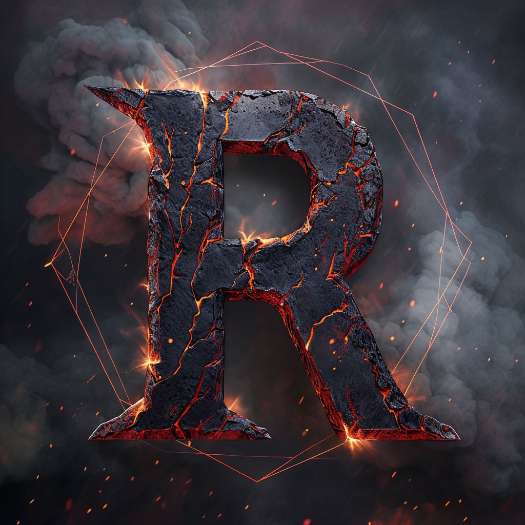 Bold Industrial R Monogram with Fiery Volcanic Texture Monogram