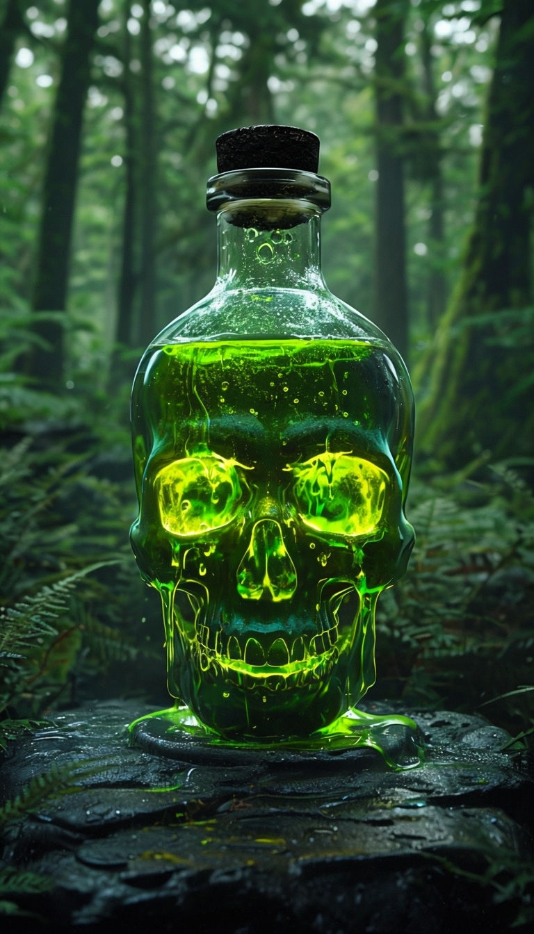Eerie Neon Green Skull Liquid in Glass Bottle Mobile Wallpaper