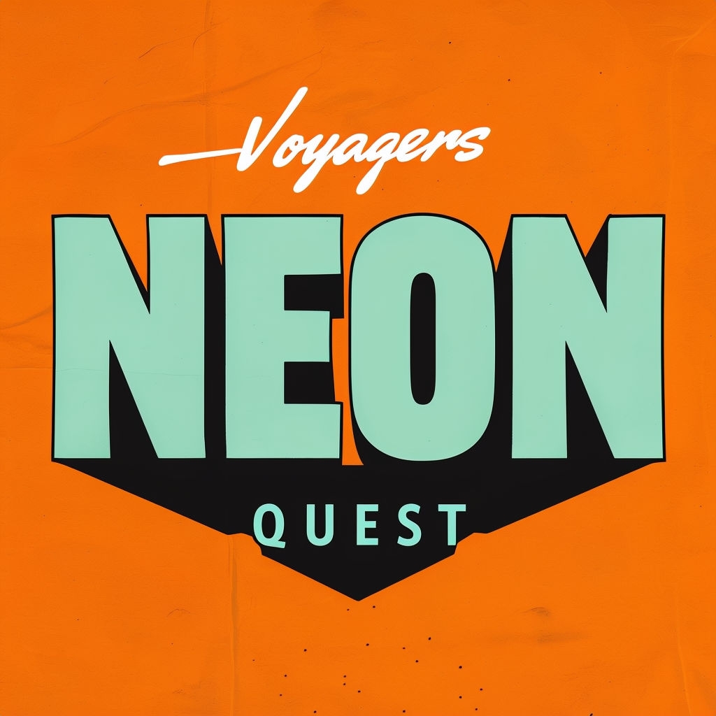 Vibrant Neon Quest Logo with Handwritten Voyagers Script