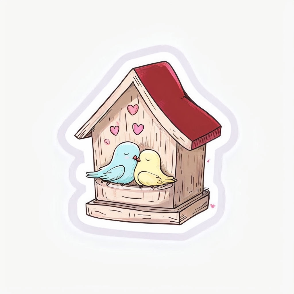 Charming Heart-Shaped Birdhouse with Cute Birds Sticker