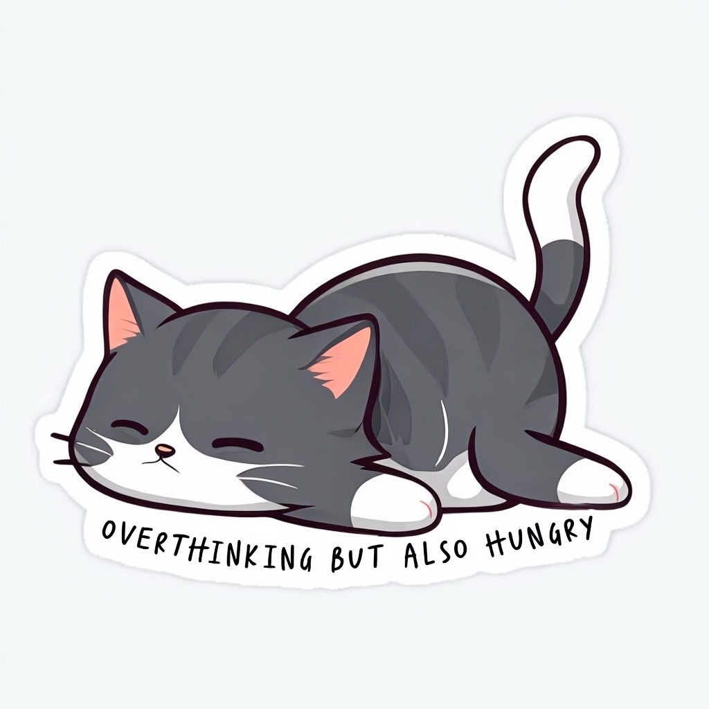 Adorable Grumpy Cat with 'Overthinking But Also Hungry' Sticker