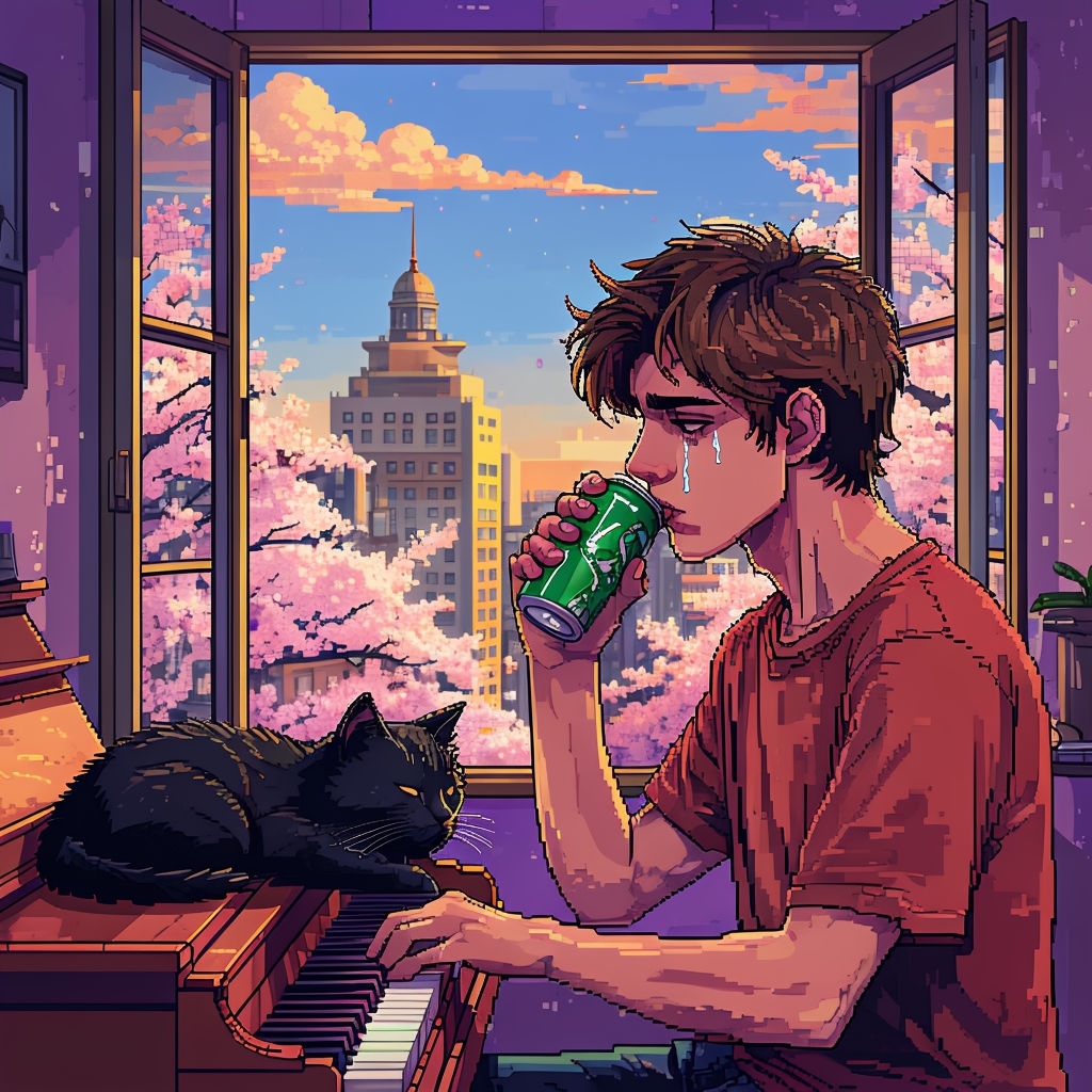 Serene Pixel Art Indoor Sunset with Cat and Cherry Blossoms Art