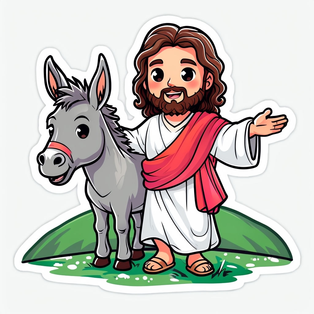 Cheerful Cartoon Jesus Riding Donkey Illustration Sticker