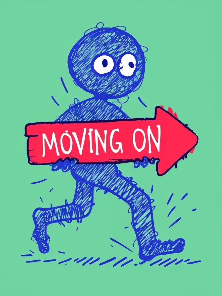 Whimsical Blue Humanoid Figure with Moving On Arrow Poster