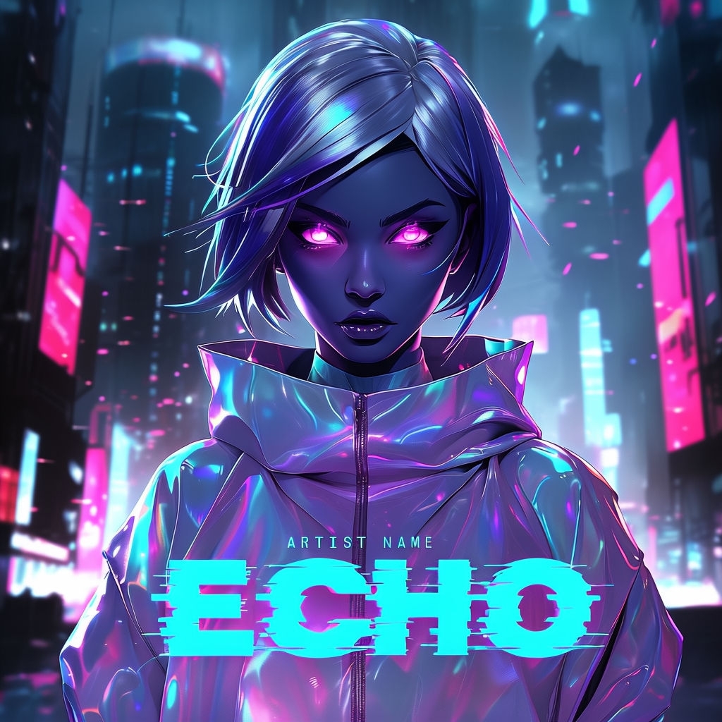 Futuristic Cyberpunk Character in Neon Cityscape Album Cover